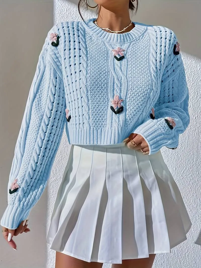 Alecia - Gekürzter Strickpullover lässiger Rundhalsausschnitt lange Ärmel