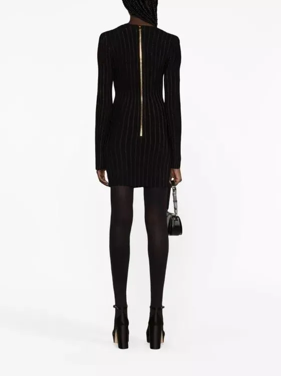   Balmain  Ribbed-Knit Long-Sleeve Dress Black