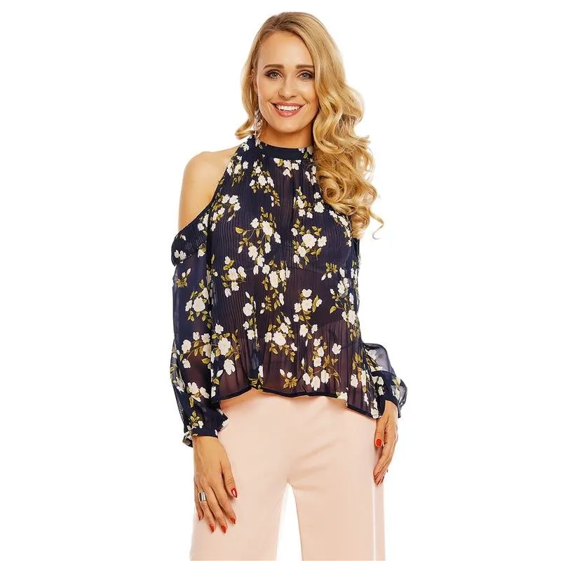 Edle Damen Chiffonbluse mit Stehkragen und Spitzenborte Pink