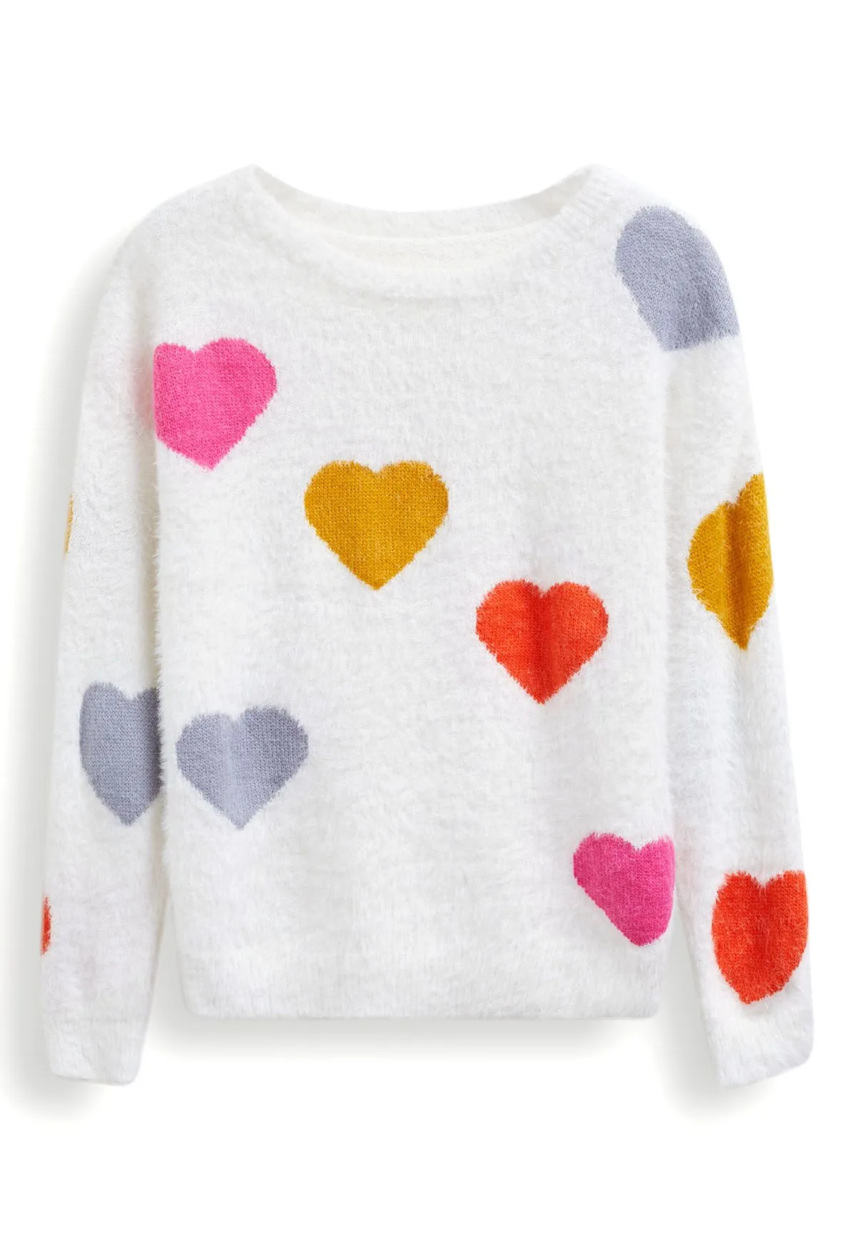 Flauschiger Strickpullover mit farbenfrohem Herzmuster