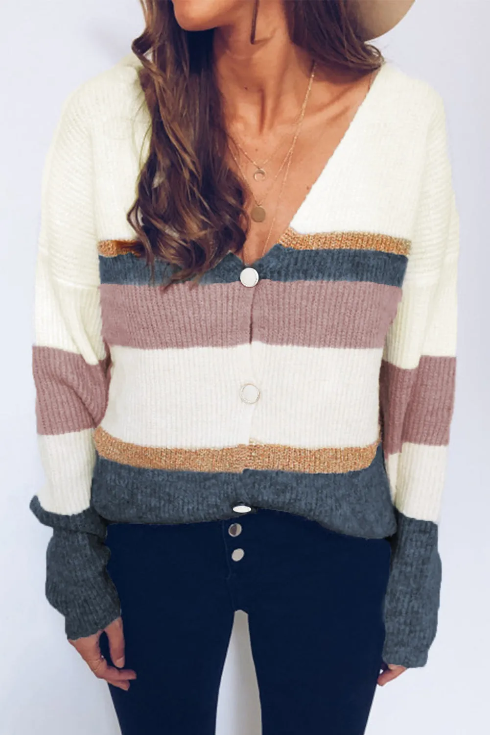 Heidi-Mode | Damen Strickpullover Mit V-Ausschnitt Und Blockstreifen