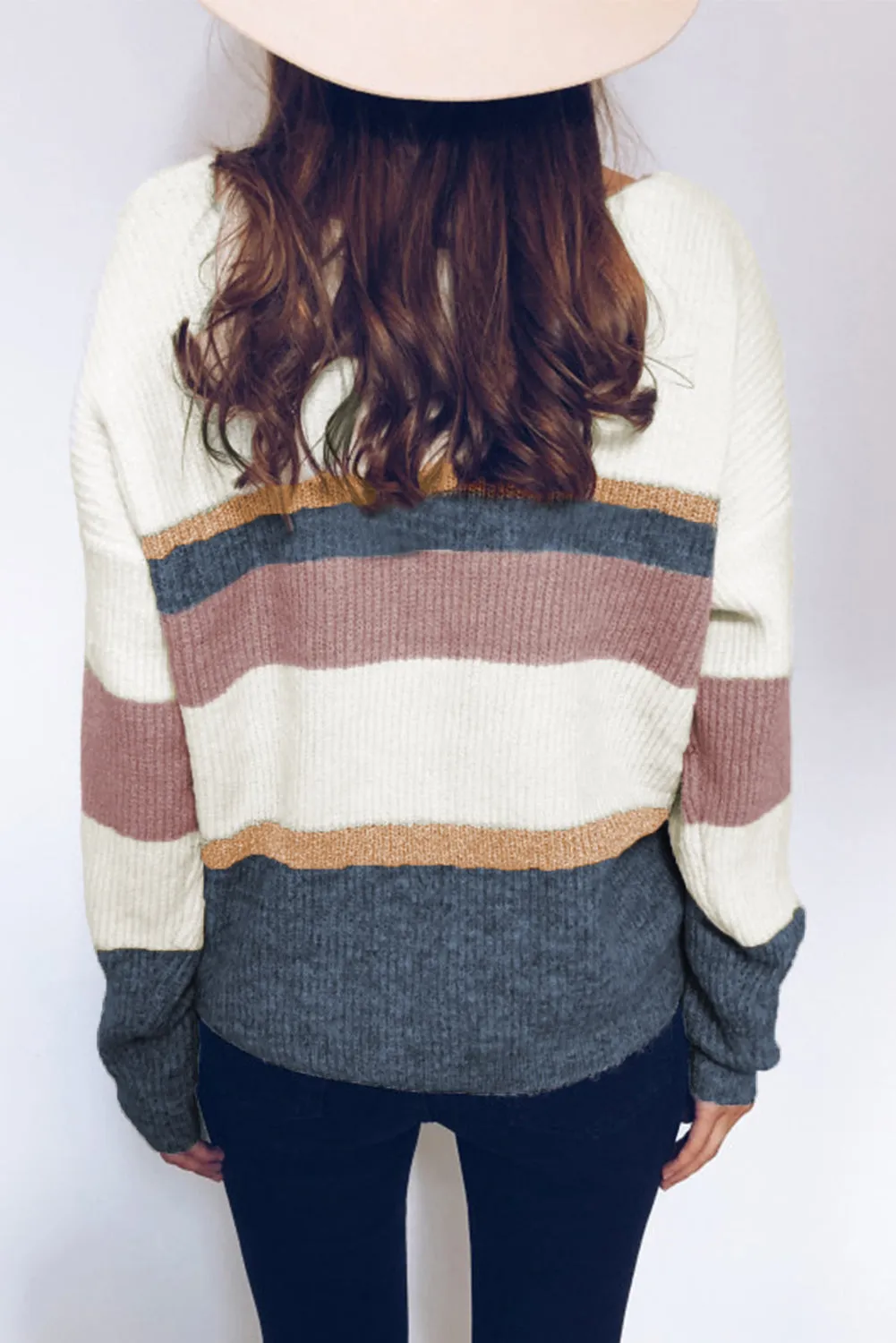 Heidi-Mode | Damen Strickpullover Mit V-Ausschnitt Und Blockstreifen
