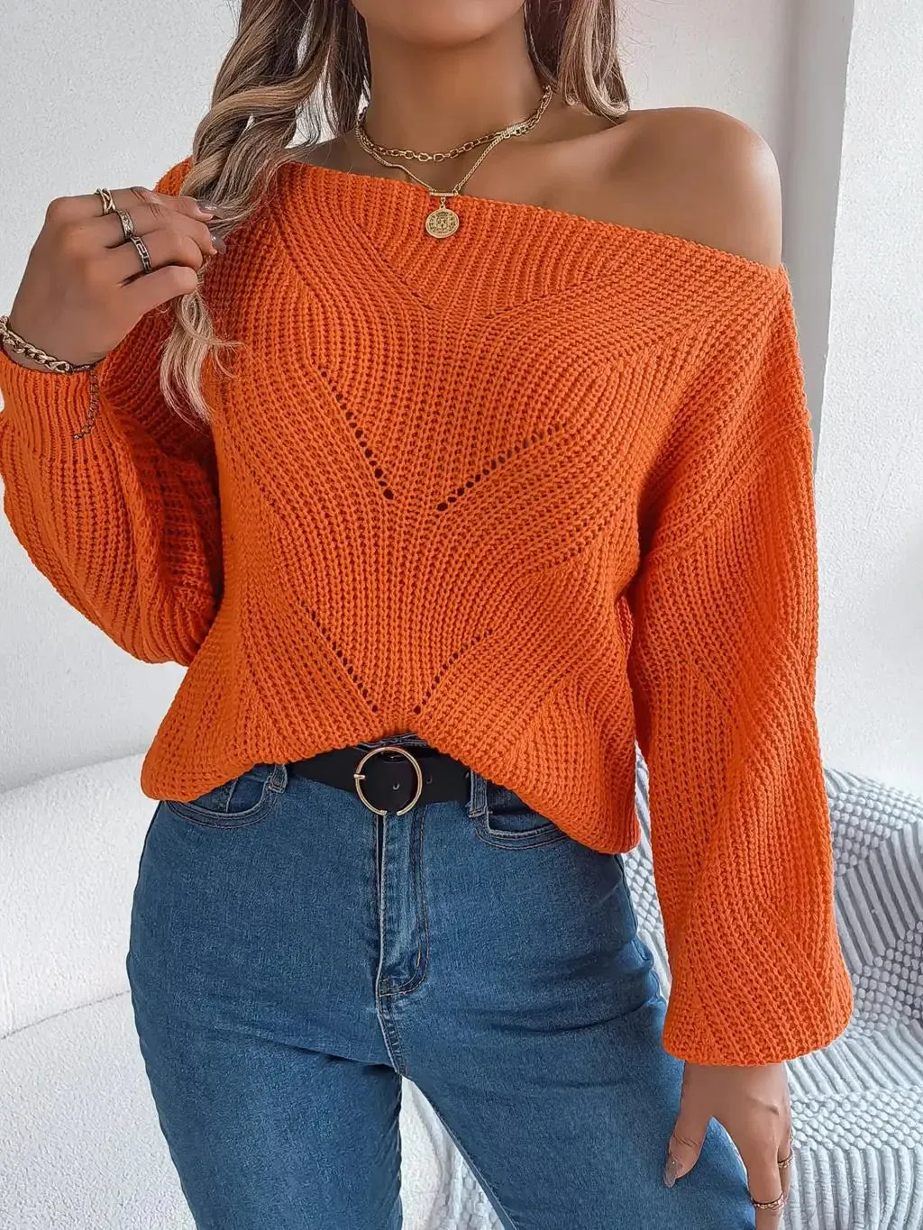 Heidi-Mode | Damen Strickpullover Off-Shoulder Weit Geschnitten