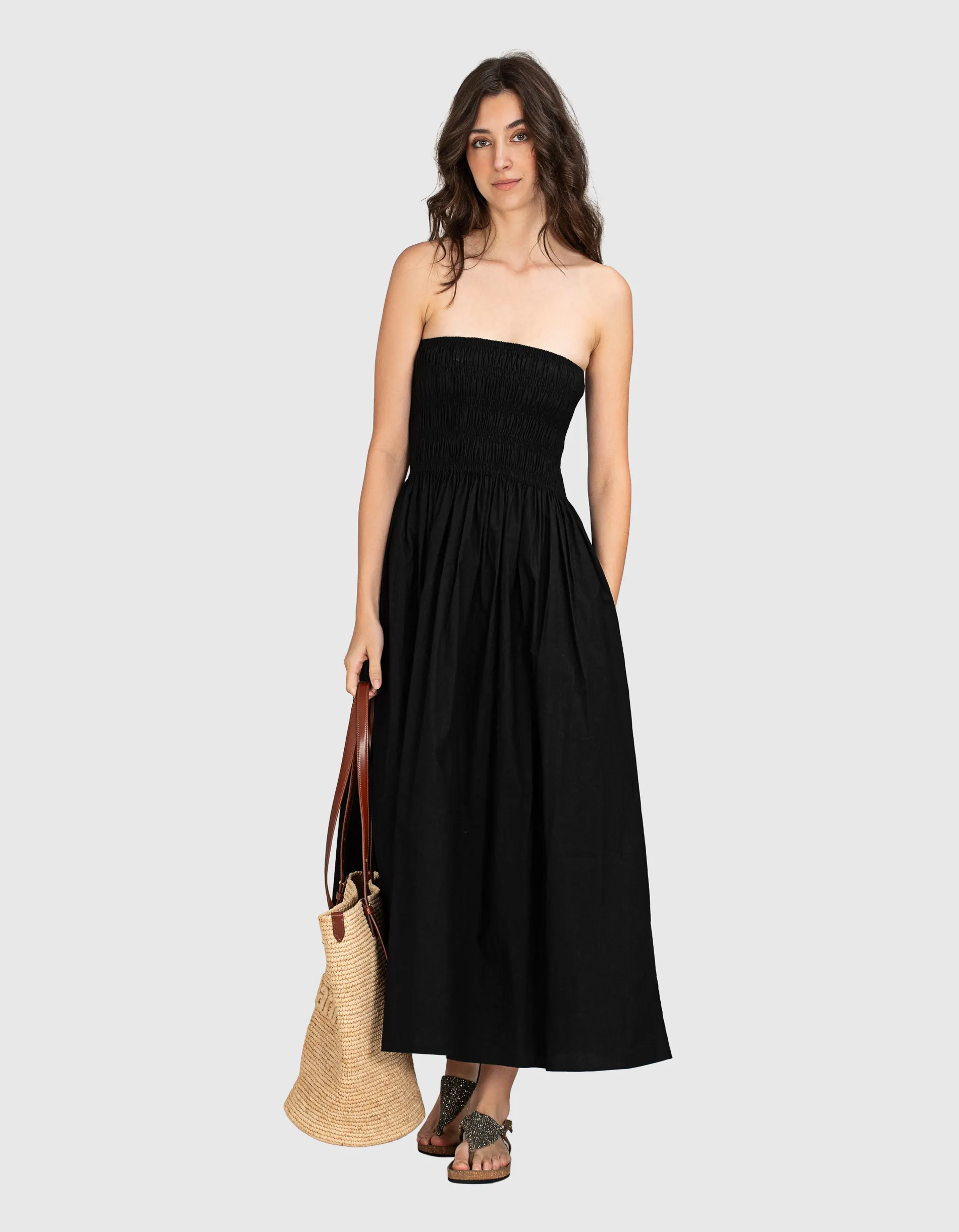 JUVIA Priscilla Black // Midi-Bandeau-Popeline Kleid