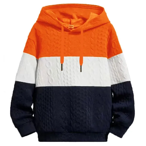 Modischer Strickpullover für Herren mit kontrastfarbenem Zopfmuster, Kordelzug und Kapuze
