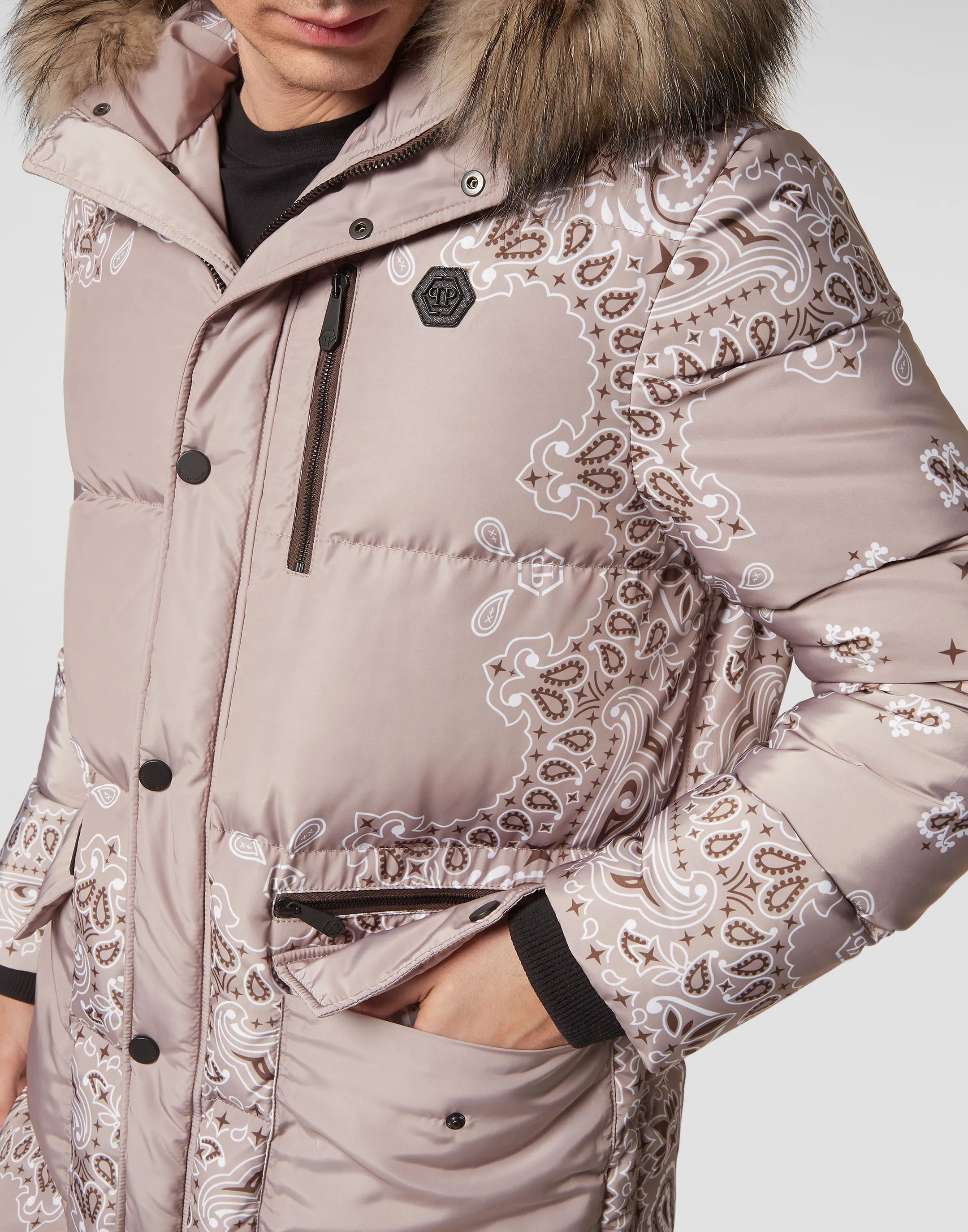 Nylon and Fur Parka Paisley Bandana