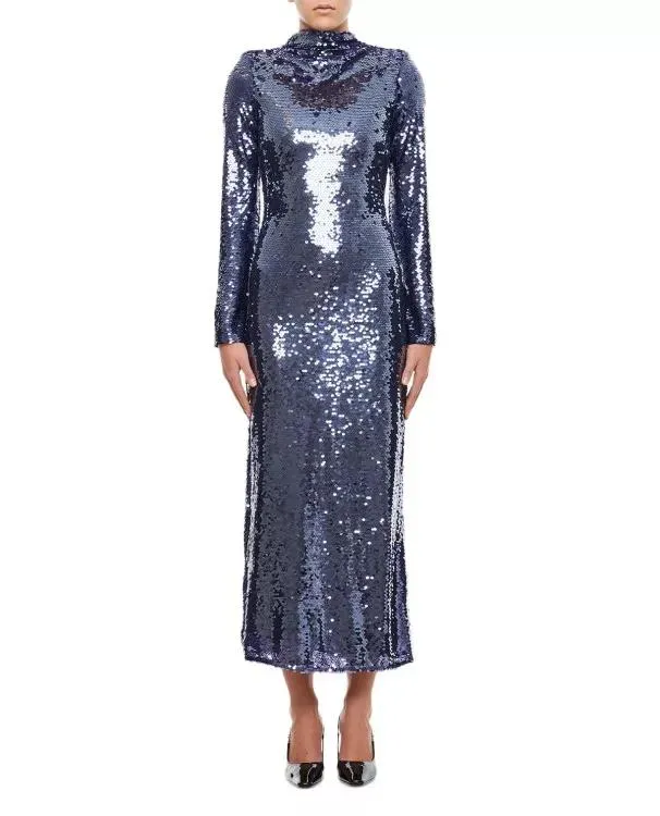   Self Portrait  Navy Sequin Midi Dress Blue