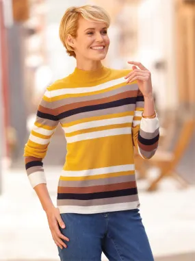 Stehkragen-Pullover in ocker-cognac-geringelt
